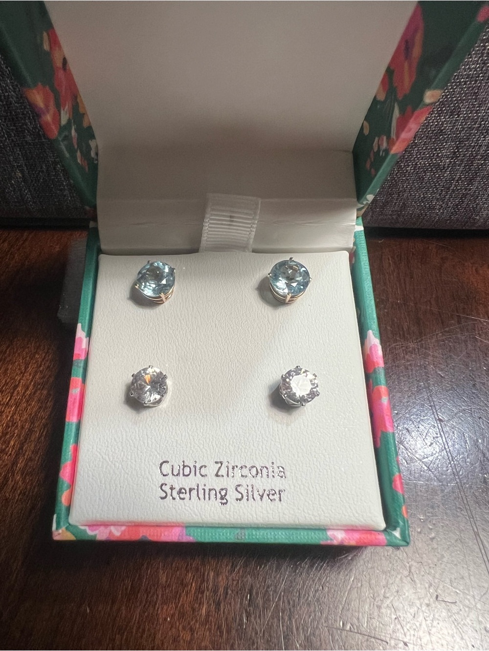 Sterling Silver Cubic Zirconia Stud Earring Set - Clear & aquamarine
